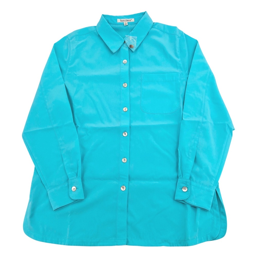 TravelSmith Turquoise Button Up Shirt Womens L Solid Long Sleeve Coastal Grandma